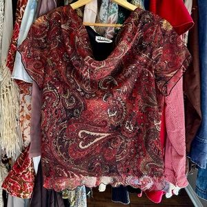 EnFocus Studio Vintage Paisley Chiffon Cowl Neck Blouse – Sheer Boho Top